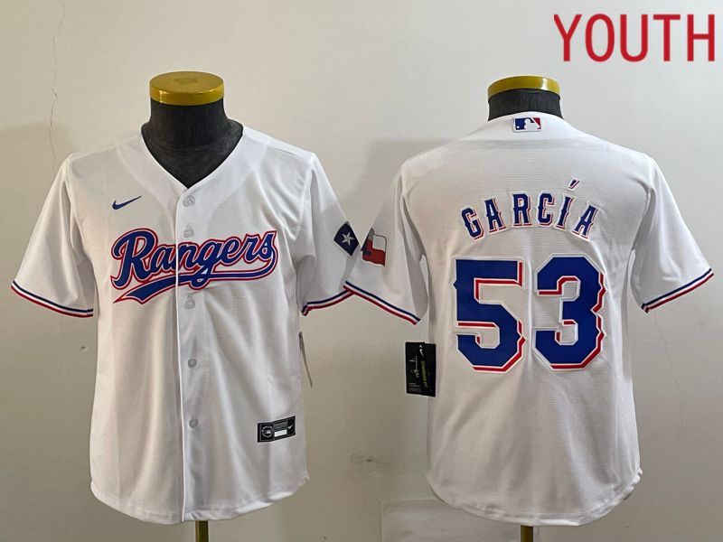 Youth Texas Rangers 53 Garcia White Game Nike 2023 MLB Jersey style 1